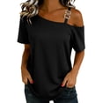 thumbnail image 2 of Gamivast Off The Shoulder Tops for Women Asymmetrical Short Sleeve Loose Fit Casual Tops Metal Strap Detail Summer Going out Daily Vacation Travel Party Weekend Wear outfits, 2 of 6