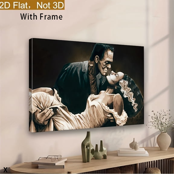 2D Flat Framed 2D Plane, 1 Wood Framed Canvas Painting Frankenstein and His Bride Halloween Art Print, Dark Academia Gothic Wall Decoration, Classic Horror Theme, Neutral Color Palette,
