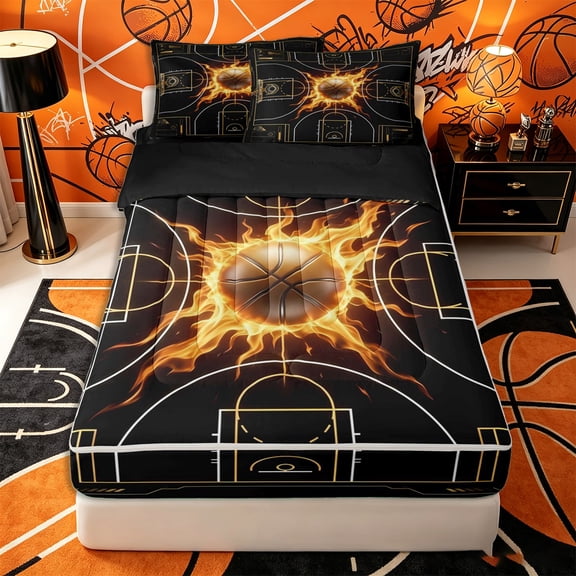 Castle Fairy Basketball Court Print Zipper Twin Comforter Sets with Fitted Sheet and 2 Pillowcases, Sport Ball Flame Zipper Bedding Set, Black Gold Orange,4-Piece,Black Reversible