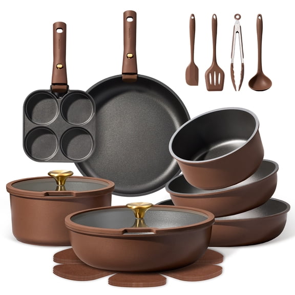 CAROTE 21 Pcs Nonstick Cookware Sets, Pots and Pans Set with Detachable Handles, Oven Safe, Induction Cookware, Stackable Kitchen Cooking Set, Brown