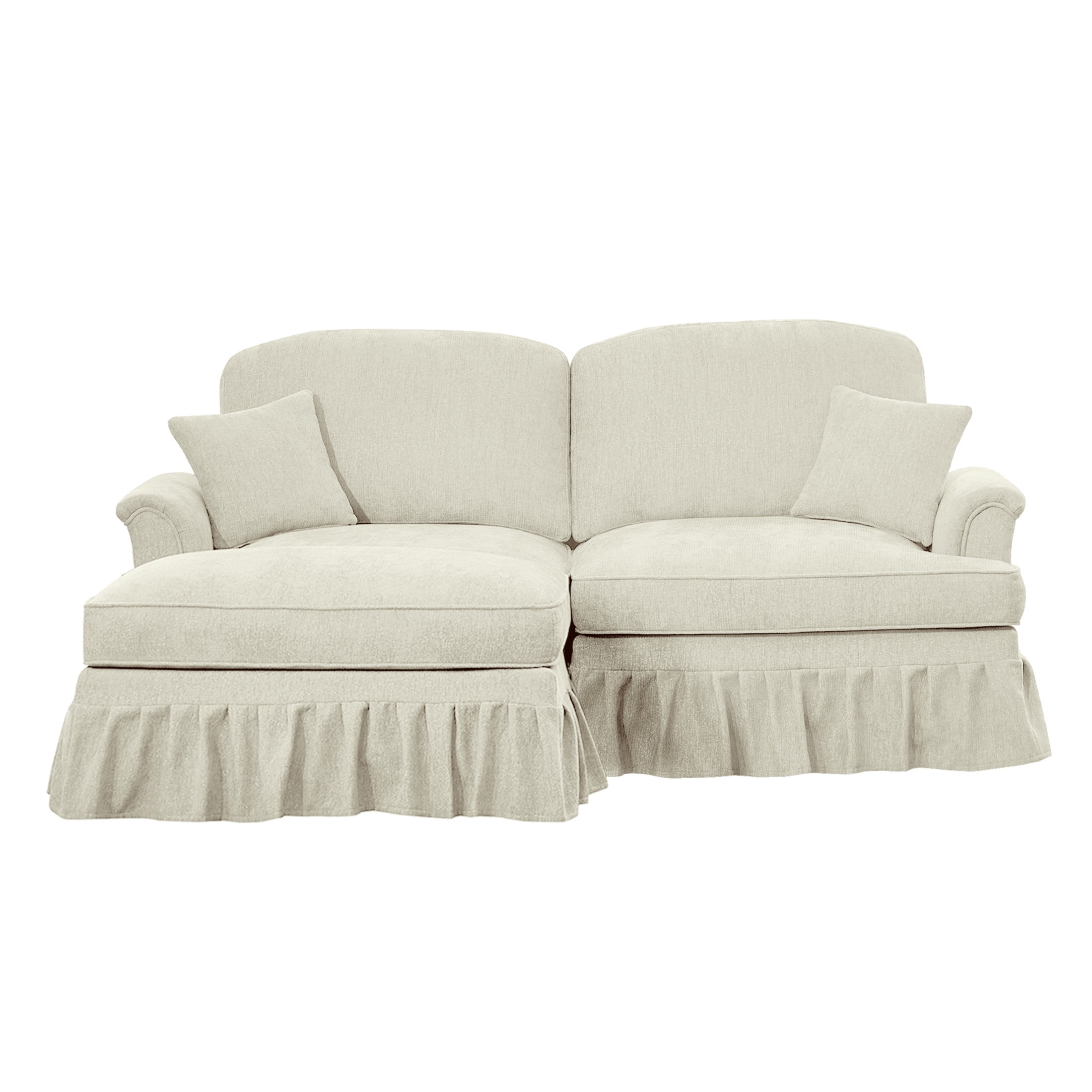 Noble House L-Shaped 2-Seater Sofa with Flared Arms, Removable Pleated Skirt, Spindle Legs, Chenille, Movable Ottoman, Beige White