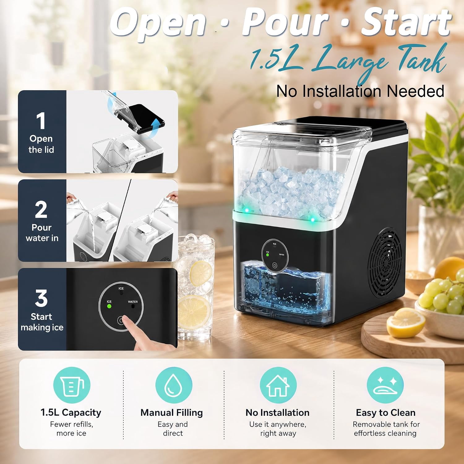 Countertop Nugget Ice Maker Machine 41.89lbs/Day, Soft Chewable Pellet Ice Ready in 6-13 Mins, One Touch Auto Self Clean for Home Kitchen Party Bar