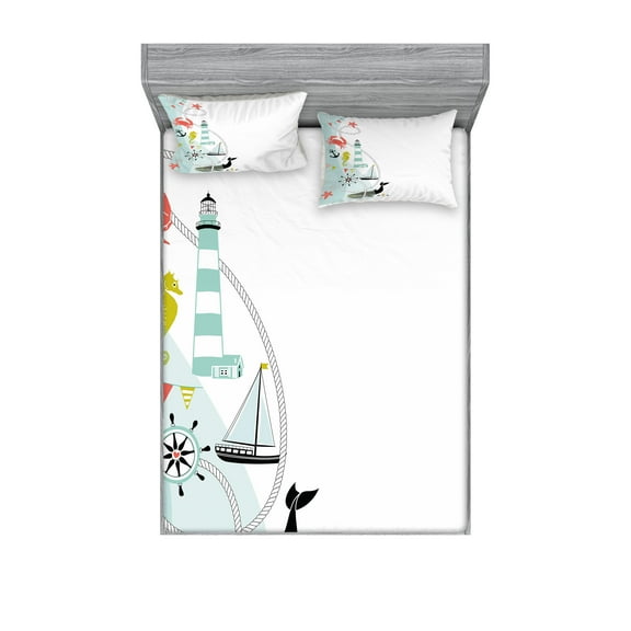 Ambesonne Nautical Fitted Sheet & Pillow Sham Set, Ornate Border Design, Full, Multicolor