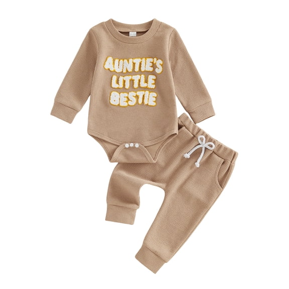 masbird Baby Girl Clothes Newborn 3Pcs Fall Winter Outfits Rib Frill Long Sleeve Romper Daisy Pants Headband Sets 0 3 6 12 18 24 Months(Coffee,3-6 M)