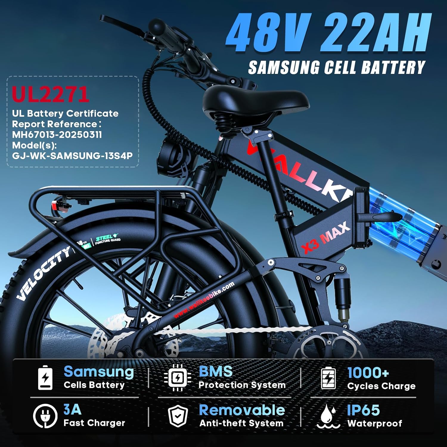 W Wallke 48V 22Ah Foldable Electric Mountain Bicycles,  2800W Dual Motor Ebike, Long Range E-Bike , 26" Fat Tire All Terrain 31-35MPH Fast Ebike Adults, Full Suspension Offroad City E-Bicycle, UL2849