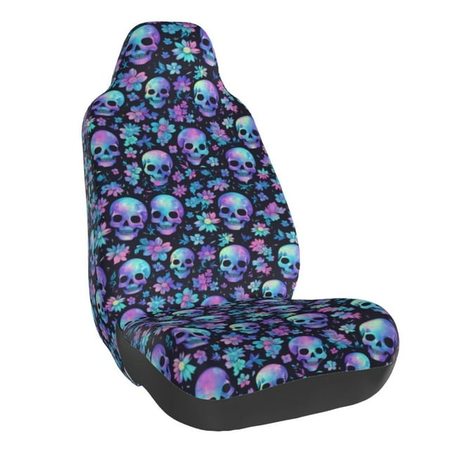 Wukai Skull purple flower Full Set Car Seat Covers with Soft Padding Universal Auto Front Seats Protector and Cushion Mat