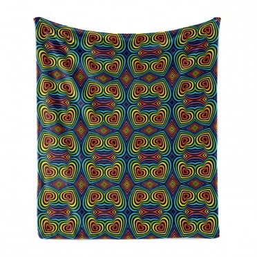 Psychedelic Soft Flannel Fleece Throw Blanket, Colorful Bullseye Pattern Rainbow Seventies Hippie Themed Love and Peace, Cozy Plush for Indoor and Outdoor Use, 70" x 90", Multicolor, by Ambesonne
