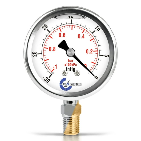 CARBO Instruments 2 1-2" Pressure Gauge, Stainless Steel Case, Chrome Plated Brass Connection, Lqiuid Filled, Vacuum -30 Hg/0, Lower Mount 1/4" NPT