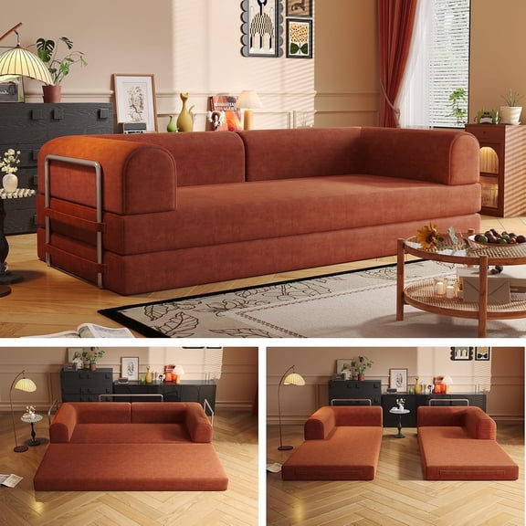 YVDNHP Modern Foldable Sleeper Couch with Fixed Frame for Small Spaces, Apartment & Bedroom, (Orange)