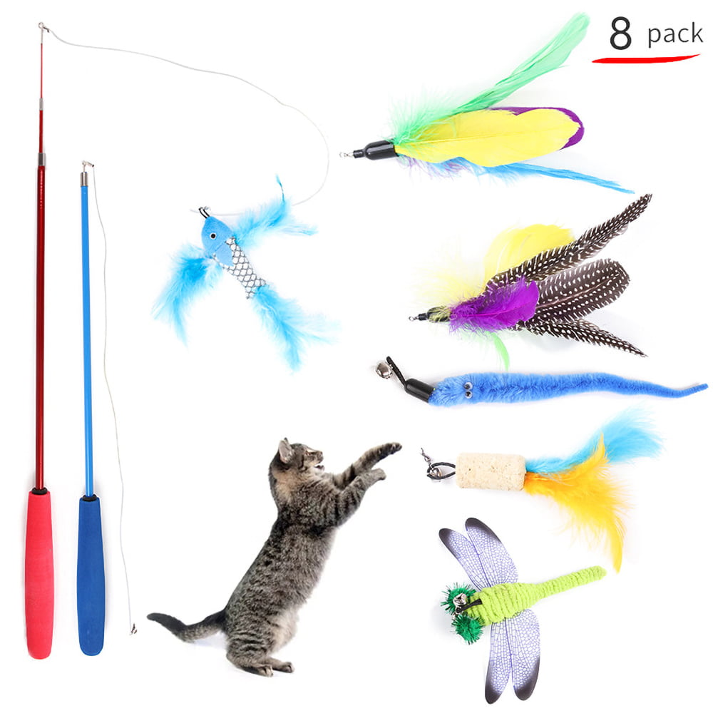 Kitten Bird and so on Interactive Cat Wand Toy 8Pcs Set Cat Toys Wand Cat Feather Toy with Wand Suitable for Cats