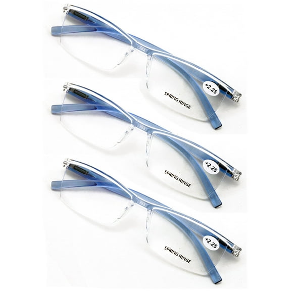 3 Pairs Lightweight Transparent Clear Lens Rectangular Readers with Spring Hinge - Men Women Reading Glasses  3.25