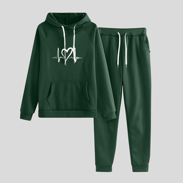 DPTALR Women's Casual Printed Hooded Drawstring Loose Long Sleeve Sweatshirt Tops And Long Pants Set Suits