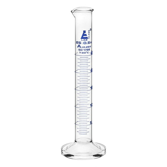 Graduated Cylinder, 25ml - Class A Tolerance ?0.25ml - Round Base - Blue Graduations - Borosilicate 3.3 Glass - Eisco Labs