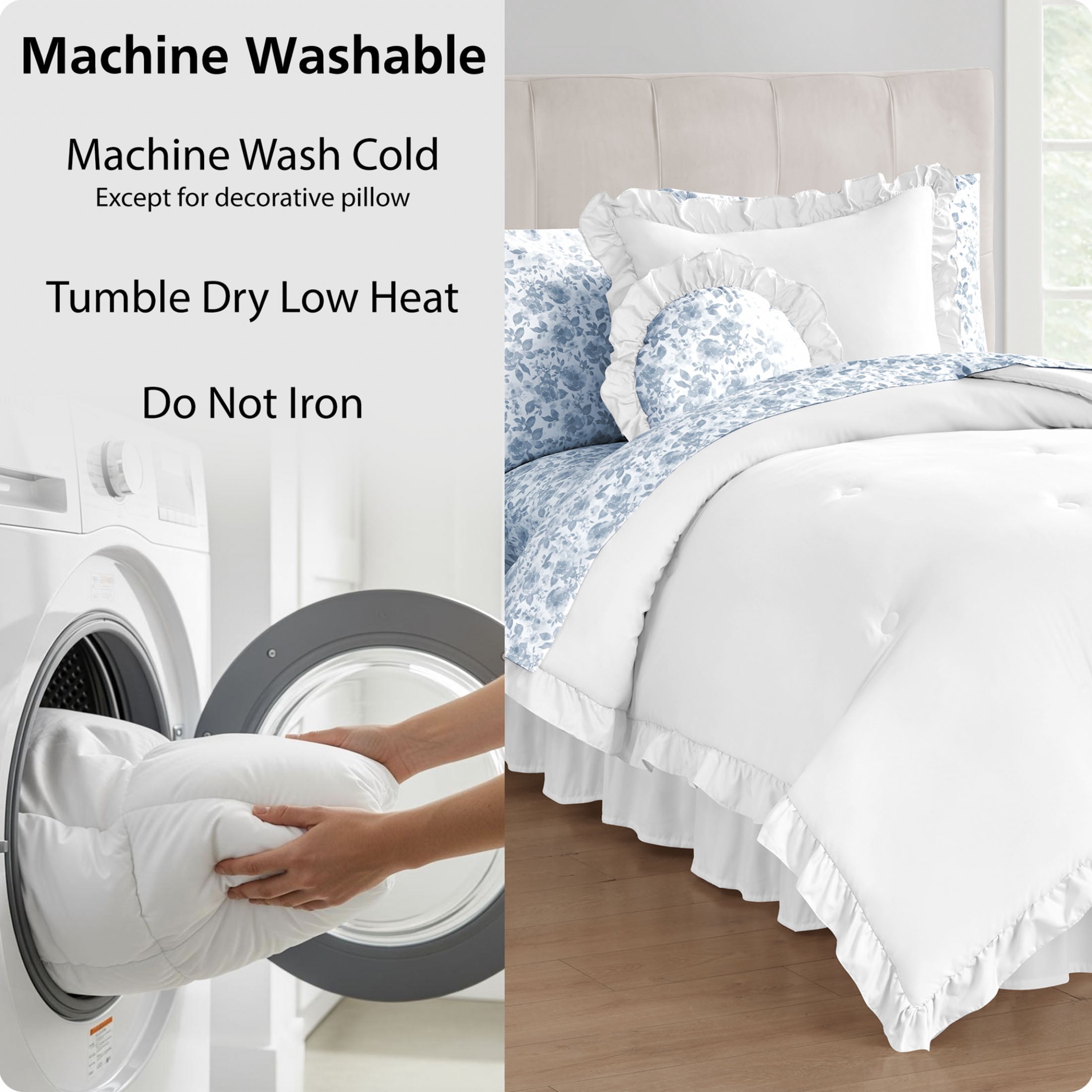 Mainstays All in One Reversible Comforter and Sheet Set- 8 Piece, Twin, White and Blue Ruffle