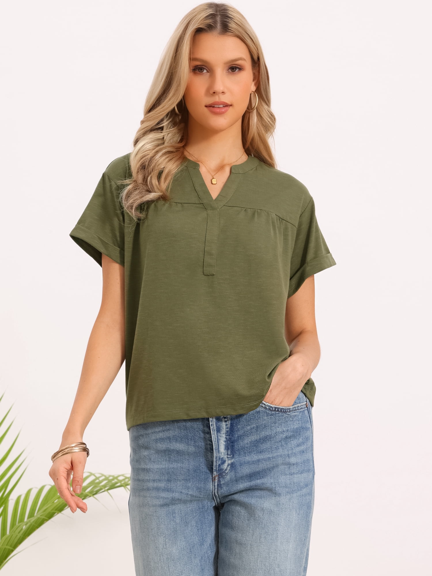DARING DIVA Women's Summer Short Sleeve Tops V Neck Basic Tee Shirts Blouses L Green
