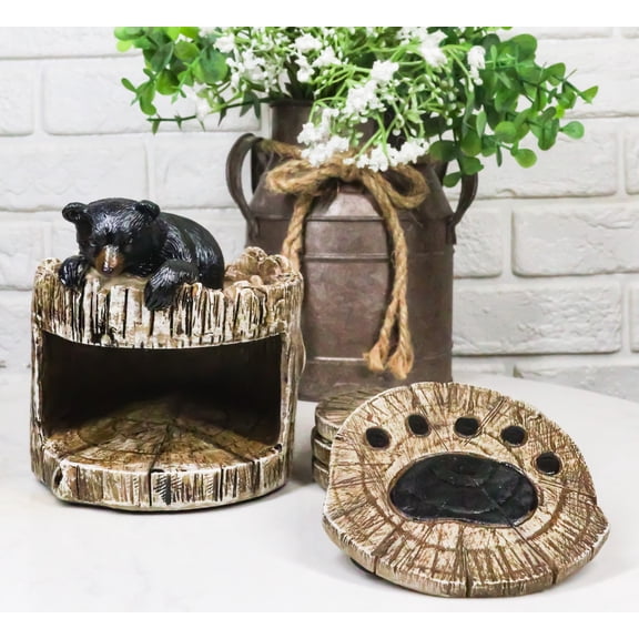 Western Rustic Forest Peeking Black Bear Tree Ring Paw Coasters And Holder Set