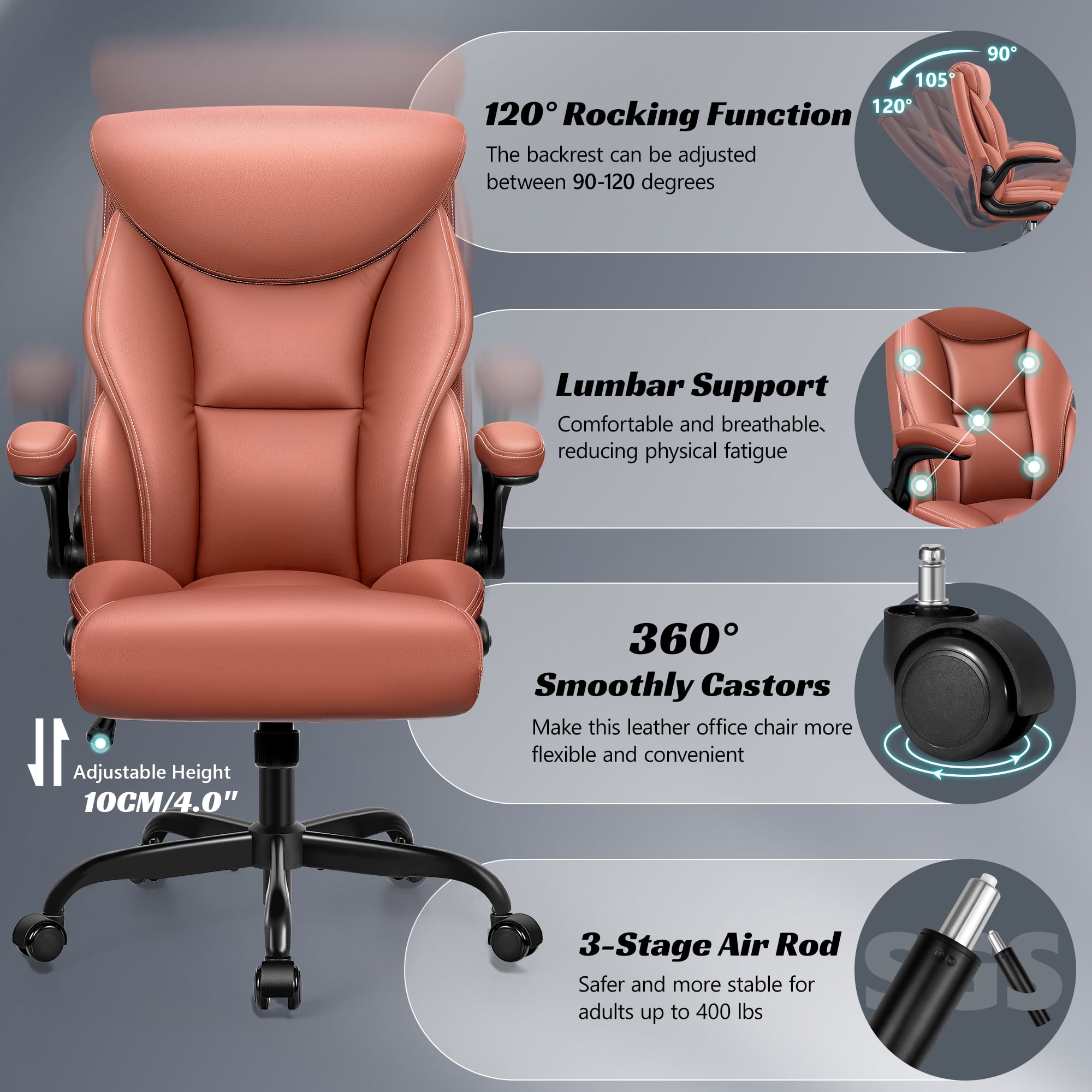 ATHOPE Executive Office Chair, Leather Office Chair with High Back Flip Up Armrests, Height Adjustable Comfy Desk Chair with Wheels, Ergonomic Computer Chair, Matte Brown