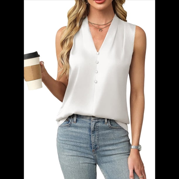Camiseta Sin Mangas de Verano para Mujer, de Satén de Seda, con Cuello en V, Informal, de Negocios, Color , Talla S