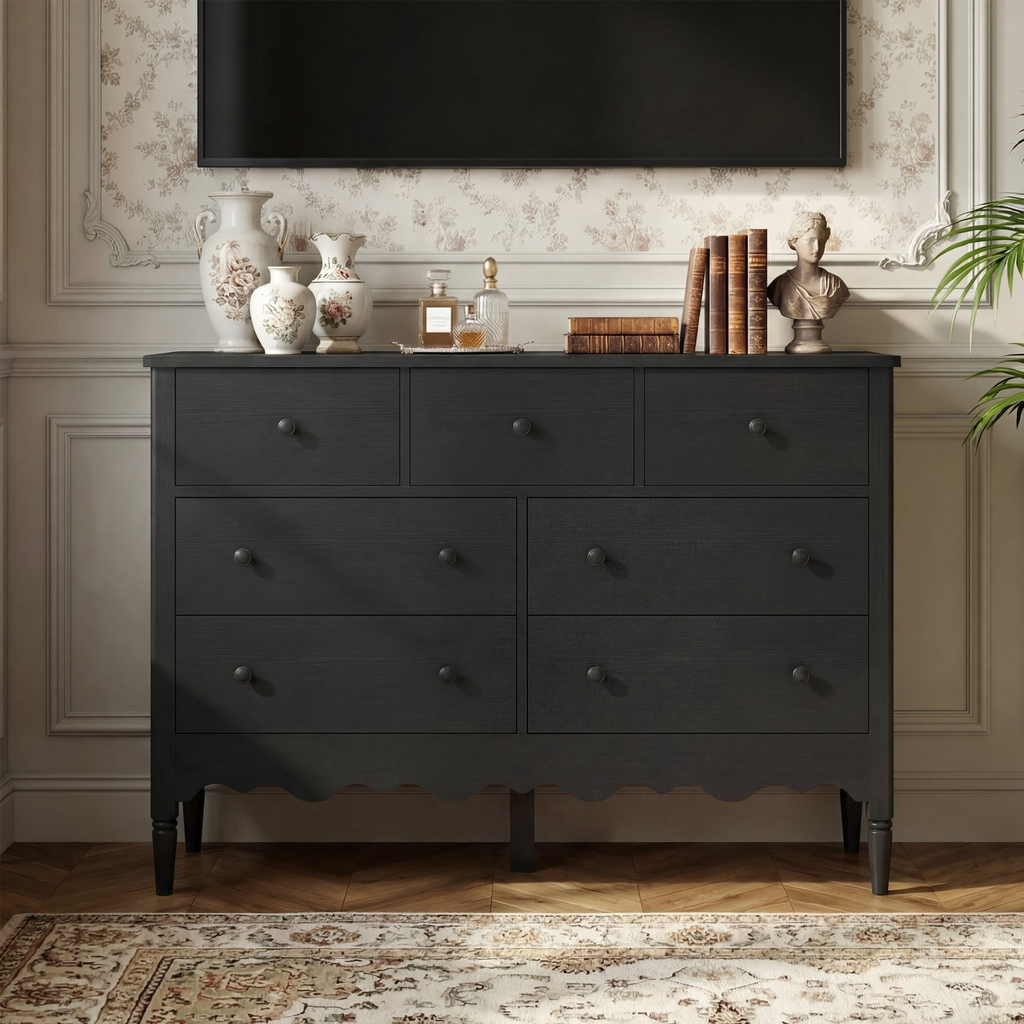 iSunirm 7-Drawer Dresser, Farmhouse Wooden Chest of Drawers for Bedroom, Closet, Black