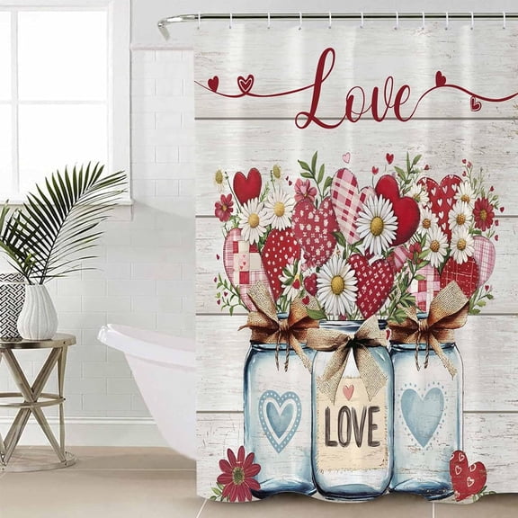 Valentine''s Flowers Shower Curtain Set with Hook 72" x 72",Farmhouse Daisy Love Vase Floral Washable Cloth Polyester Fabric Shower Curtain,Waterproof Bath Curtains for Bathroom,Showers,Bathtubs Decor