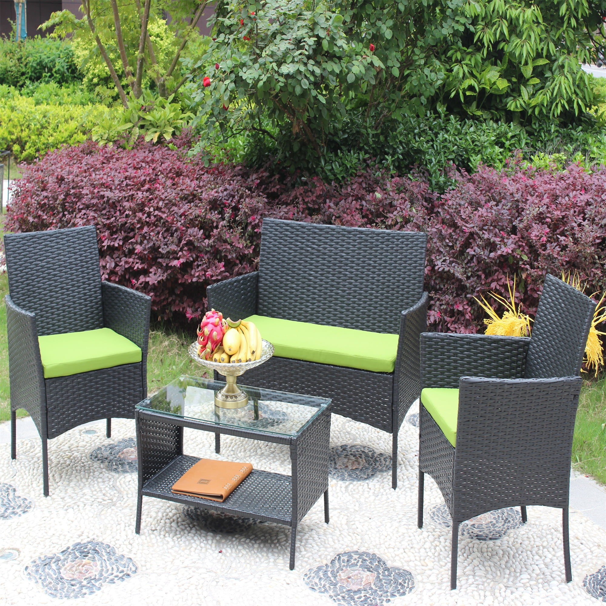 Aukfa 4 Piece Rattan Outdoor Patio Conversation Sofa Set with Table & Cushions, Green