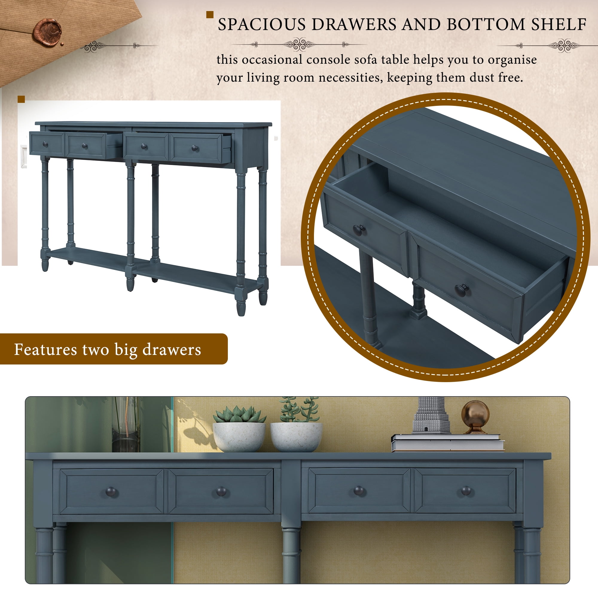 Wooden Console Table with Two Drawers and Bottom Shelf,Antique Entryway Table for Hallway Living Room,Antique Navy