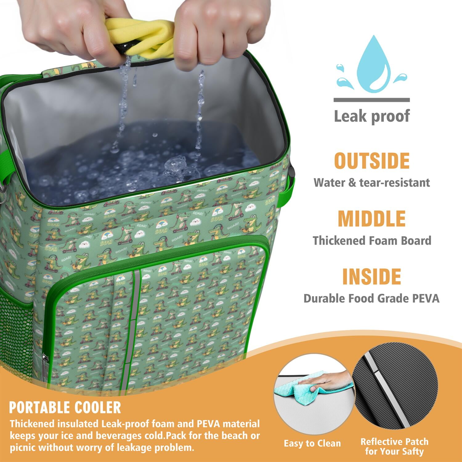 Travel Cooler Bag - Green Alligators Icons Pattern Camping Beer Cooler Backpack with Bottle Opener- Waterproof Insulated Picnic Backpacks - Cooler Bag for Beach