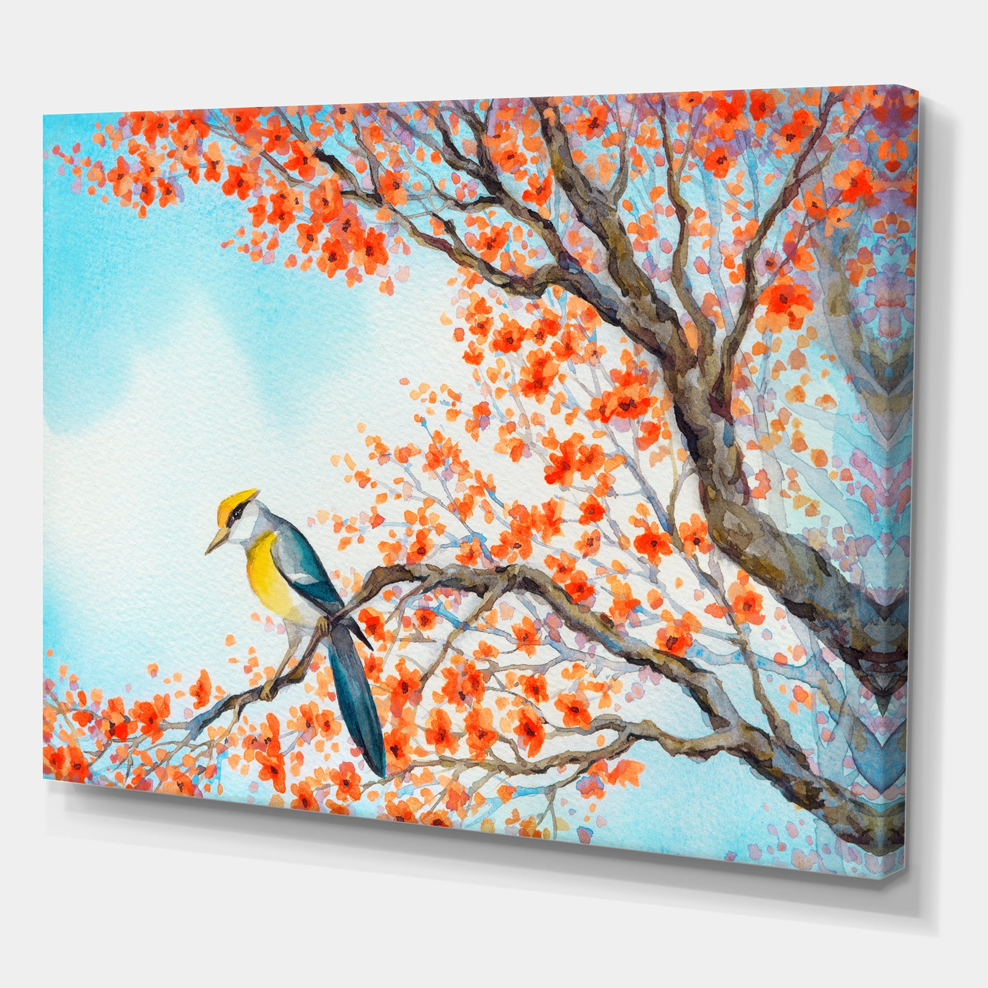 Designart ' Beautiful Orange Bird Sitting On Flowering Branch ' Traditional Canvas Wall Art Print