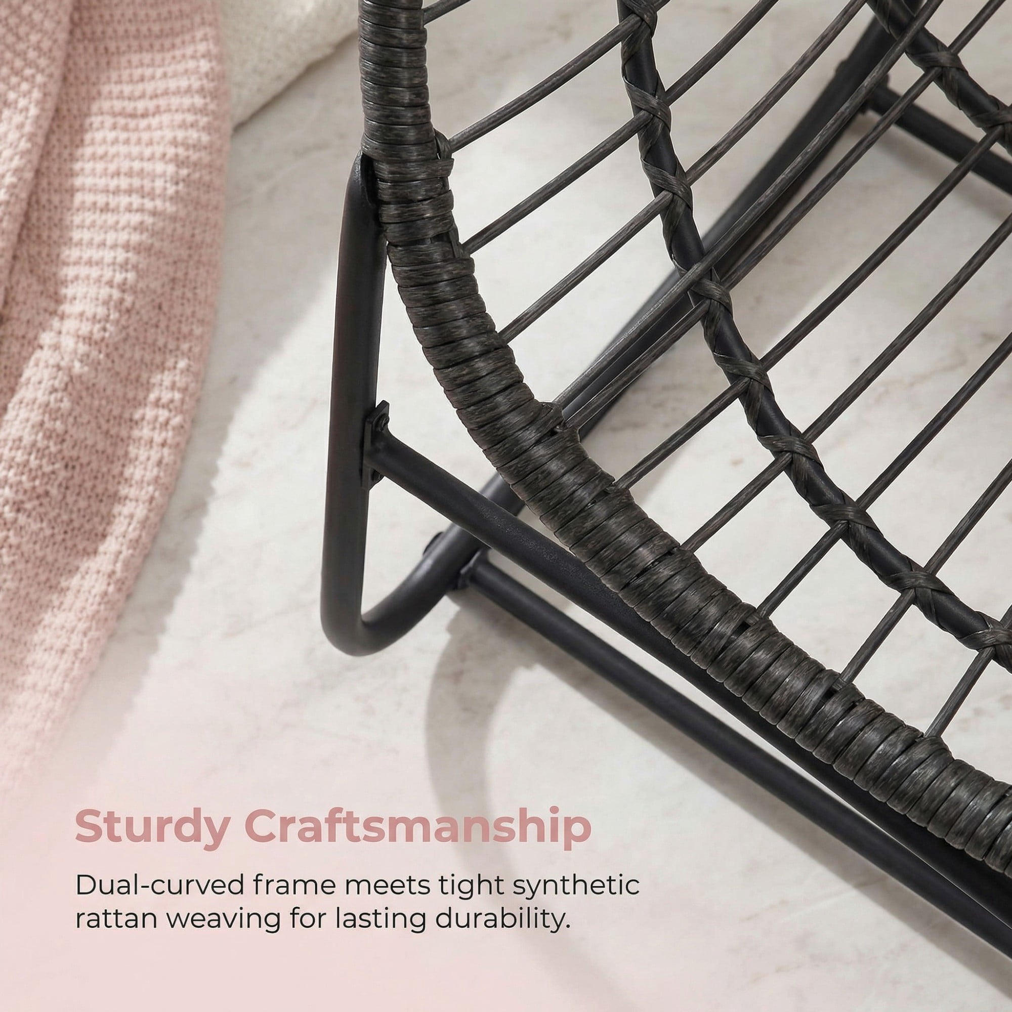 Outdoor Papasan Rocking Chair, Oversized Egg Chair with Cushion, Wicker Rattan Patio Rocker, Indoor Outdoor Lounge Chair for Porch Garden Living Room, Pink