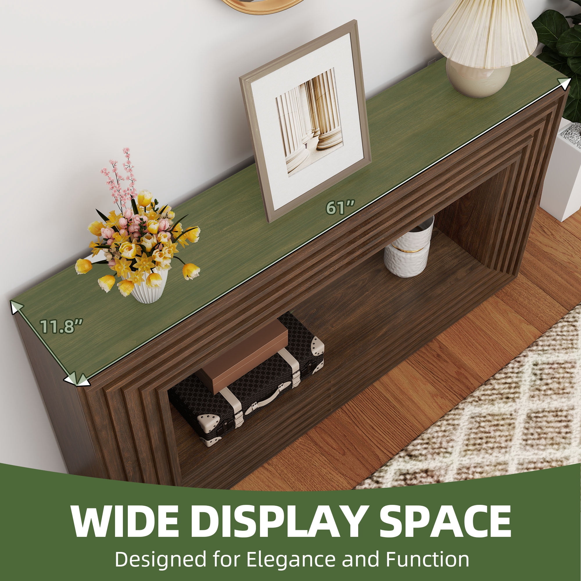 Uforic 61"W Console Table with Open Storage Shelf for Living Room,  Rustic Entryway Table, Brown