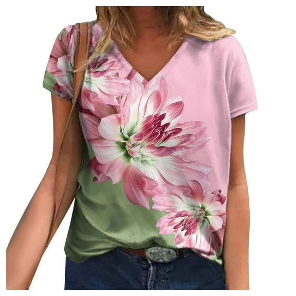 Fesfesfes Tshirts for Women Fashion Woman Causal V-Neck Printing Blouse Short Sleeve T-Shirt Summer Tops Womens Short Sleeve Athletic Tops 8(L)