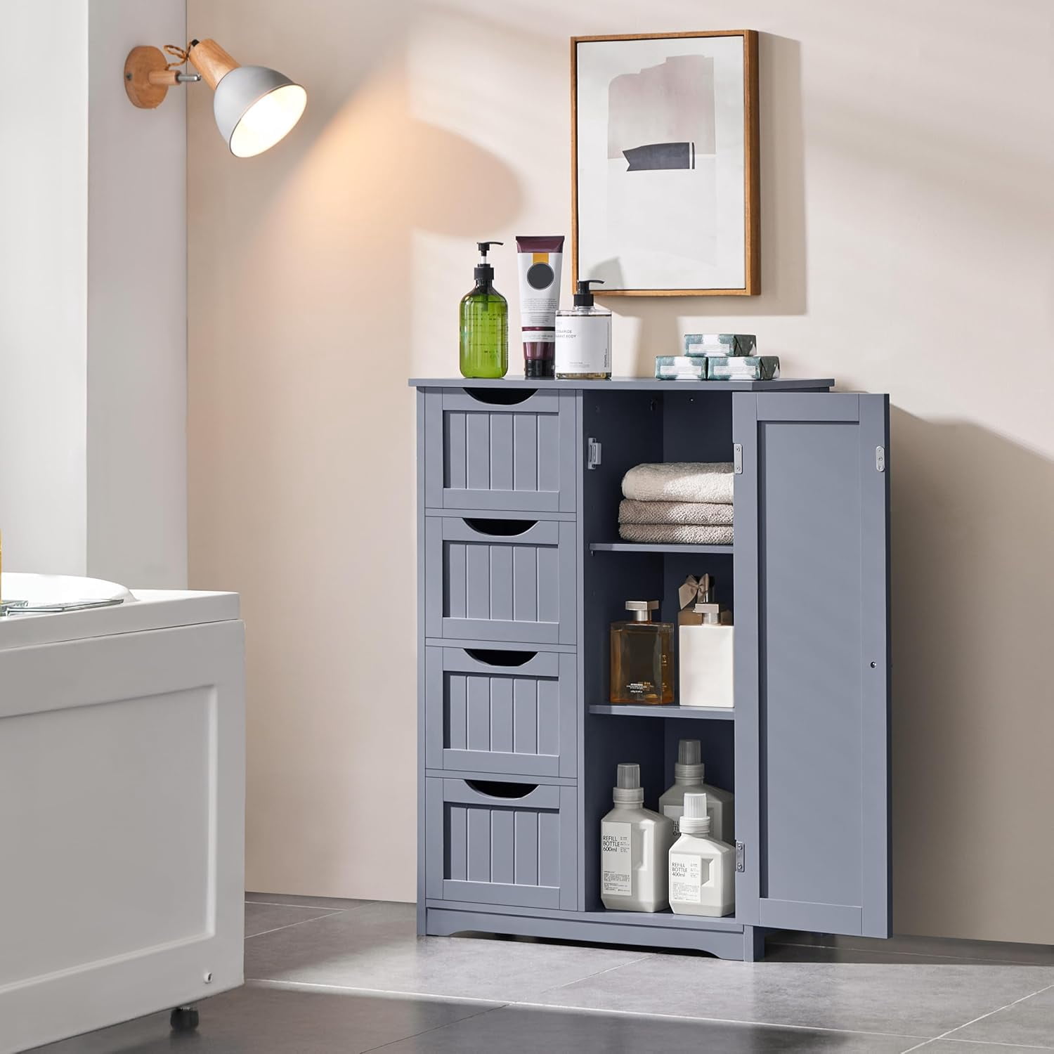 Bathroom Floor Cabinet, Freestanding Storage Organizer Unit Kitchen Cupboard W/ 4 Drawers & Adjustable Shelves, Using for Kitchen/Bathroom, Gray