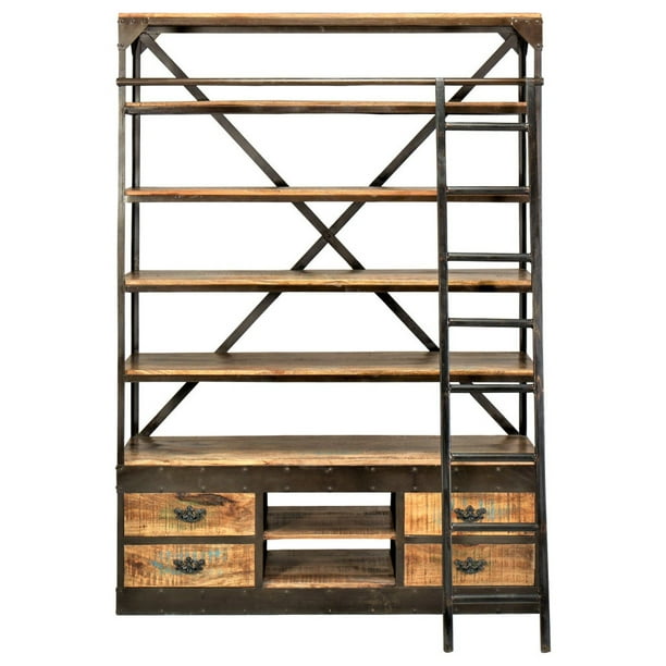 Rustic Wood Industrial Large Library Bookcase With Ladder and Drawers