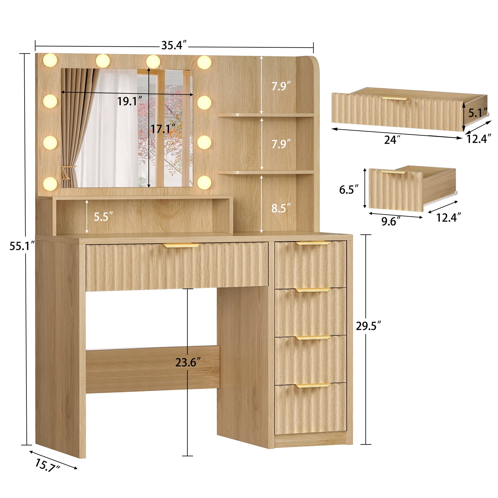 Makeup Vanity Set with Mirror & Lights, Vanity Desk with 5 Drawers & Storage Shelves, Makeup Vanity , 3 Color Modes & Adjustable Brightness Dressing Table, Bedroom, For Christmas gifts, Natural