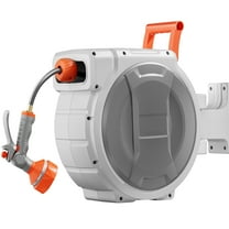 KFFKFF Retractable Hose Reel 84ft x 1/2in, Wall-Mounted Garden Hose Reel with 9-Function Nozzle, Lawn Watering Hose Reel 180° Swivel Bracket, Adjustable Length Lock, Upgraded Slow Return System