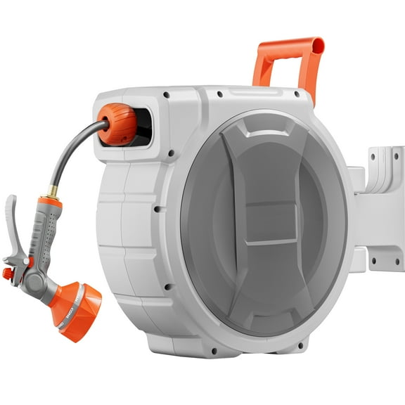 KFFKFF Retractable Hose Reel 84ft x 1/2in, Wall-Mounted Garden Hose Reel with 9-Function Nozzle, Lawn Watering Hose Reel 180° Swivel Bracket, Adjustable Length Lock, Upgraded Slow Return System