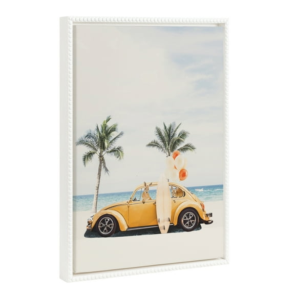 Kate and Laurel Sylvie Beaded Kangaroo Summer Adventures Vintage Framed Canvas Wall Art by July Art Prints, 18x24 White, Beach Animal Wall Art Decor