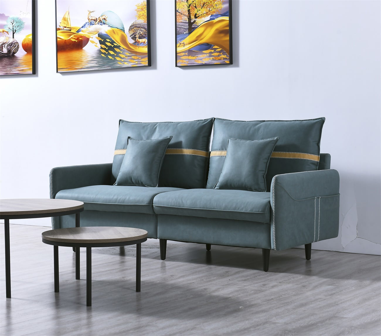 Resenkos 3-Seat Sofa Couch, Tufted Love Seat with 2 Pillows, Blue