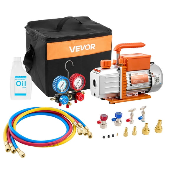 VEVOR Ensemble Pompe à Vide CA et Jauge, 4,5 CFM 1/3 HP, Pompe à Vide CVC à Ailettes Rotatives à un Seul Étage, Trousse de Jauge de Collecteur A/C, pour R134a R22