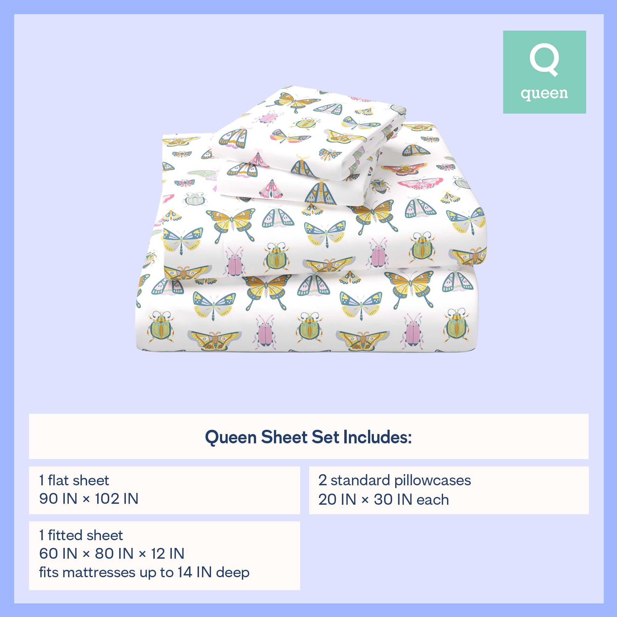 Mainstays Kids Microfiber Bed Sheet Set, Queen, Butterfly, 4 Pieces