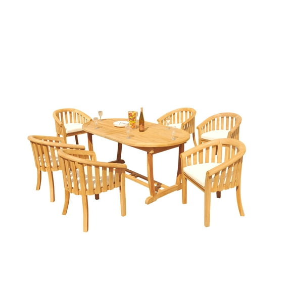 Grade-A Teak Dining Set: 6 Seater 7 Pc: 94" Mas Oval Trestle Leg Table And 6 Lenong Arm Chairs Outdoor Patio WholesaleTeak #51LN2307