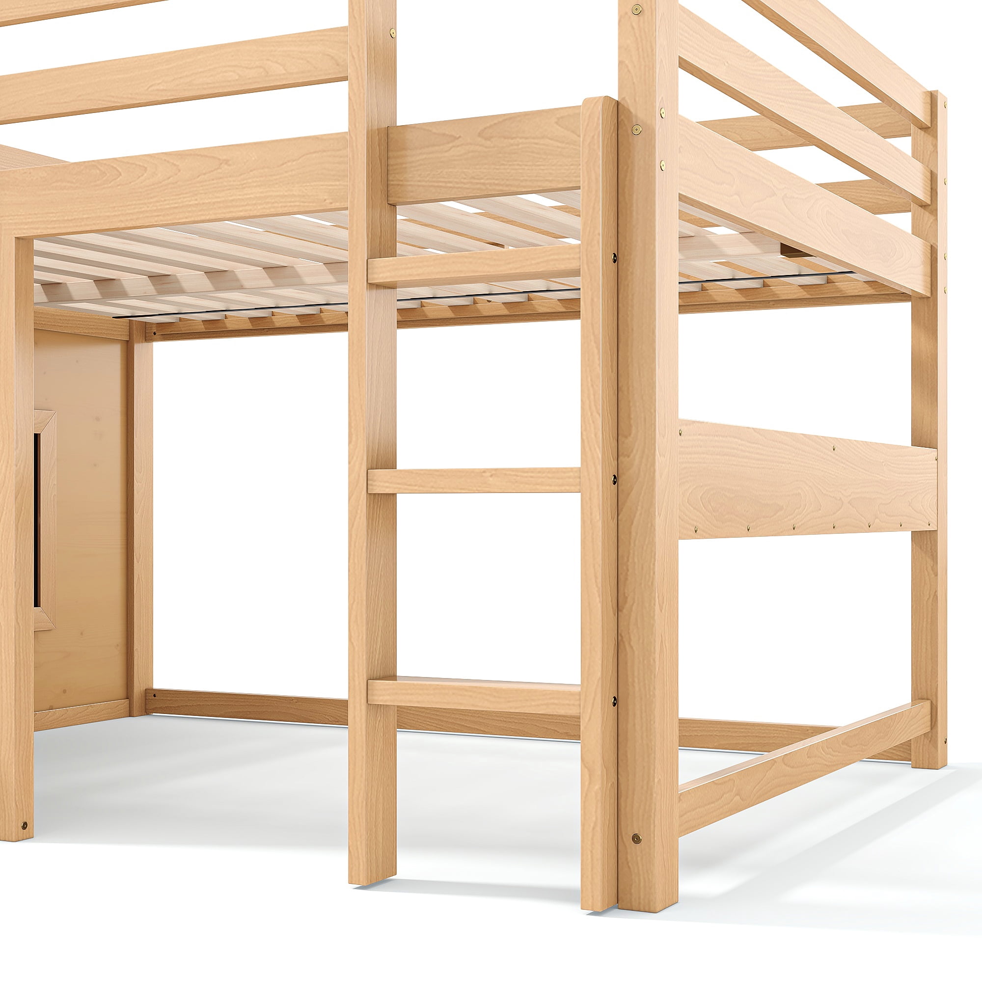 Leumius Full Size Loft Bed with Storage Shelves,Solid Wood Low Loft Bed Frame with Chalkboard and Bookshelf,Space Saving,Light Natural