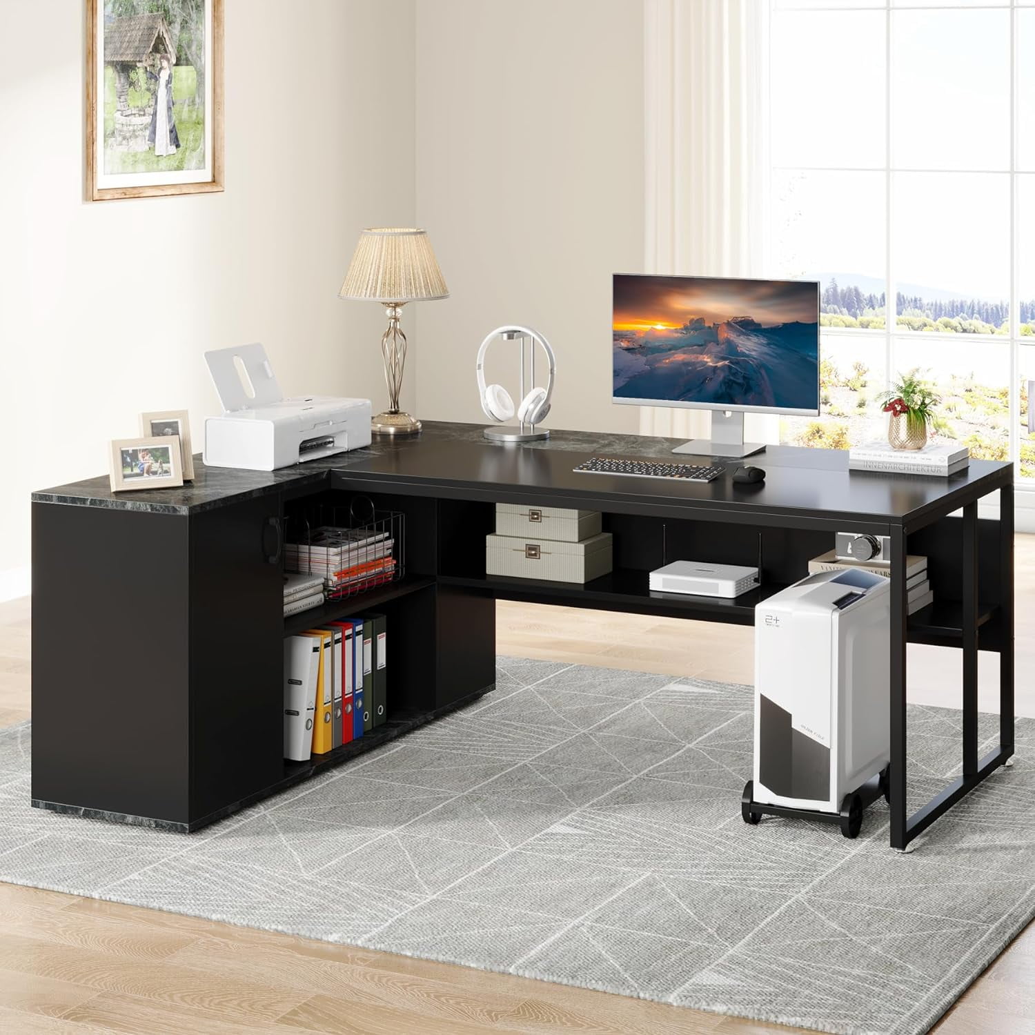 Tribesigns 71 inch L Shaped Executive Desk with Cabinet Storage, Rustic Brown Business Furniture Desk Workstation with Shelves for Home Office