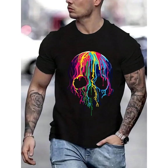 100 Cotton Graphic Tees Colorful Melting Skull Art Graphic Halloween T-Shirt Crew Neck Short Sleeve T-Shirt, Casual Print Graphic Cotton Tees Men Tops