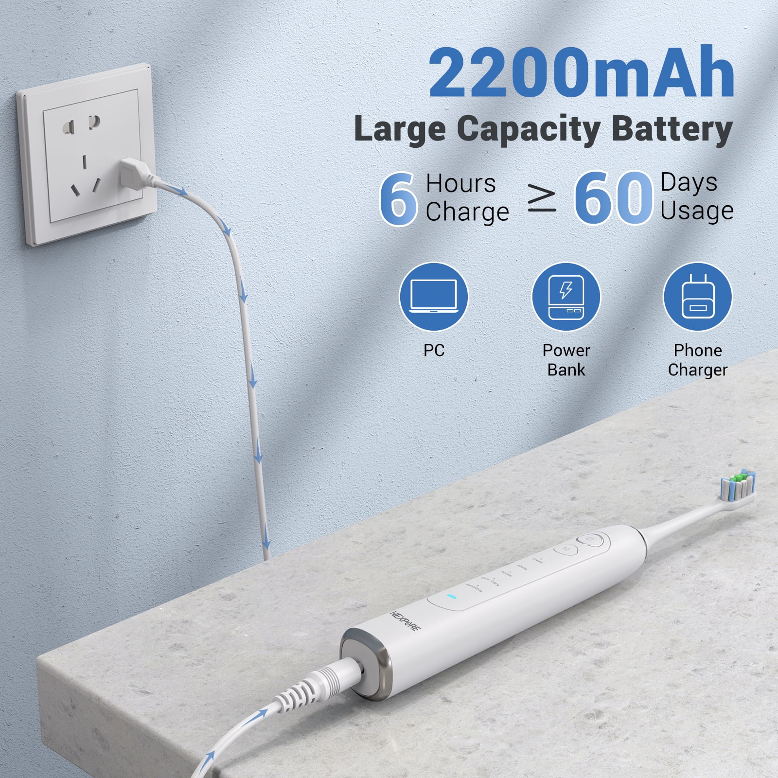 Nexpure Sonic Electric Toothbrush for Adults, Deep Clean & Gum Care, 60 Day Battery, 4 Brush Heads, 5 Cleaning Modes, Smart Timer