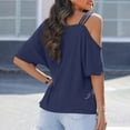 thumbnail image 6 of Fesfesfes Women's Summer Blouses Fashion Off-Shoulder Short Sleeve T-Shirts Solid Color Casual Tees for Parties Beach Tops(Navy#1,XL), 6 of 6