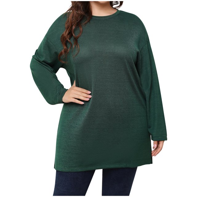 Hauts Grande Taille pour Femmes Col Rond Manches Longues T-Shirts Unis Décontractés Amples Confortables Vêtements d'Automne Blouse Tees