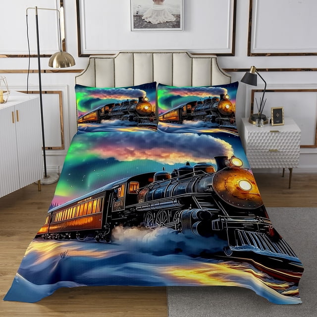 Erosebridal Vintage Train Coverlet Set Queen, Aurora Bedding Set, Winter Snow Decor, 3-Piece