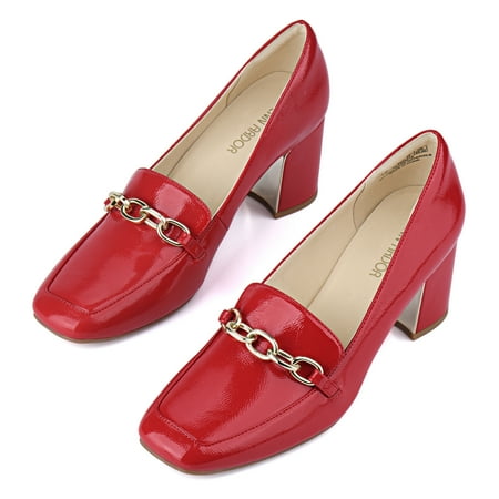 JENN ARDOR Chain Loafer for Women Chunky High Heel Loafer Pumps Classic Block Heels Square-Toe Chain Fashion Casual Office Shoes Red