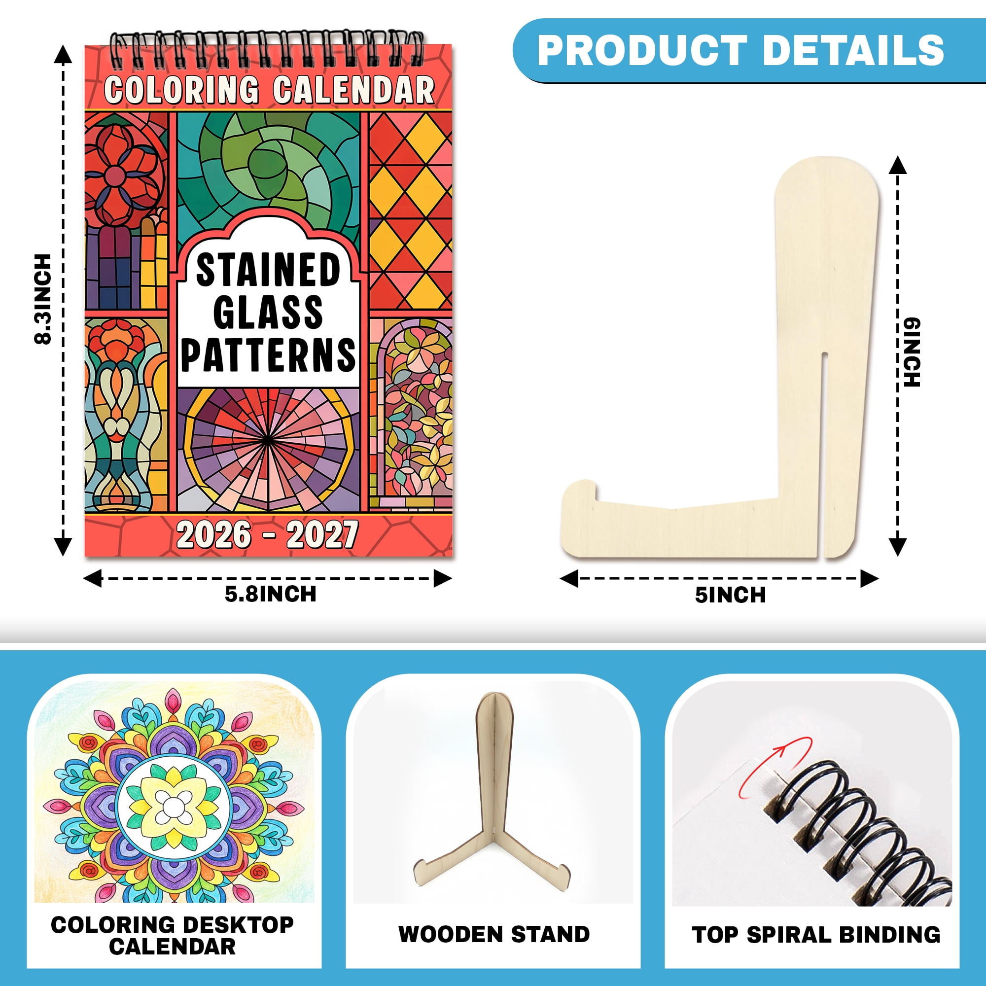 Stained Glass Patterns Coloring Desk Calendar 2026–2027, A5 Wooden Cover Planner with 26 Easy Coloring Pages for Adult Relaxation, 24 Month Desktop Calendar with Stand, Gift for Family & Friends